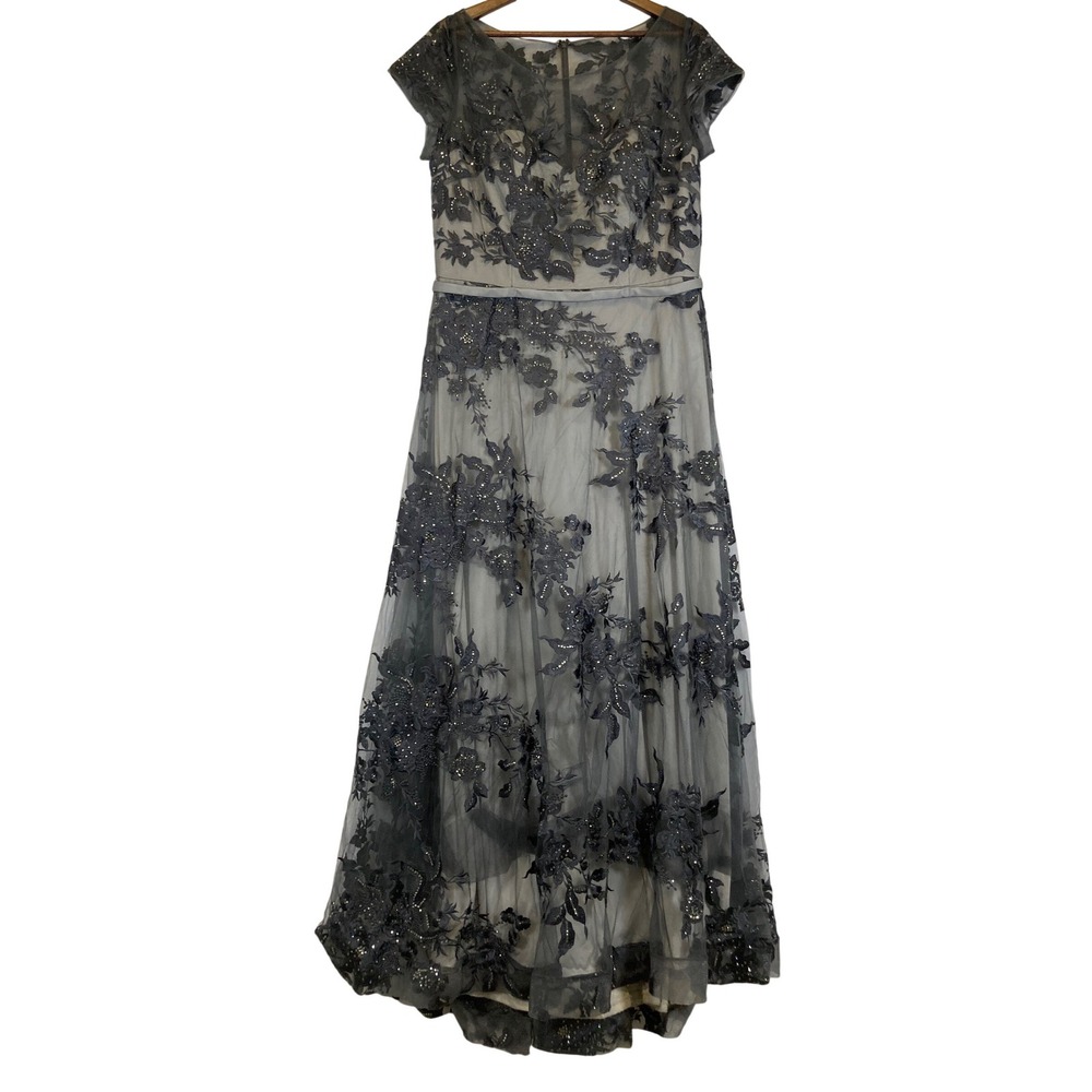 Elegant Montage by Mon‎ Cheri Women 16 Gray Floral Embroidered Rhinestone Gown